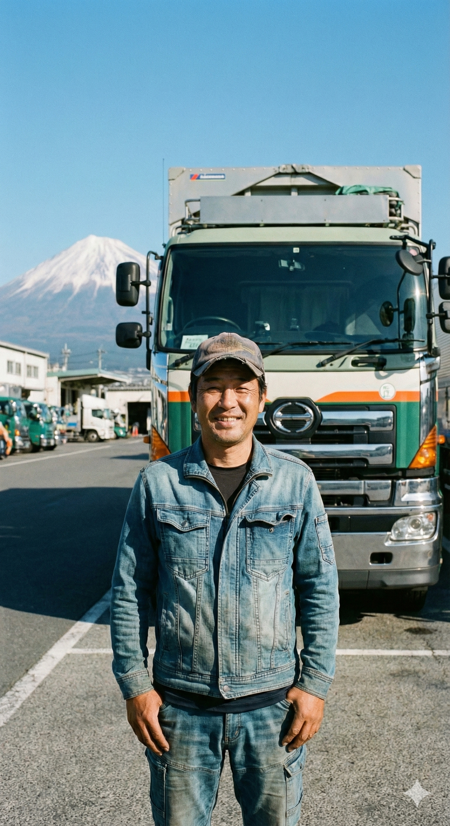 40代くらいの男性が笑顔でトラックの前で写っている様子